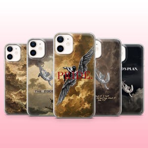 May include: Five clear phone cases featuring artistic designs of winged figures in clouds. The centre case displays a winged figure with the red text PRIDE. Other cases include text such as THE FOOL, What if I fall? my darling, what if you fly?, and GOD'S PLAN.