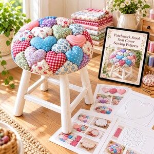 Patchwork Stool Seat Cover Sewing Pattern PDF, 19 Padded Hearts Round Stool Cover, Cottagecore Chair Seat Cushion Pattern, DIY Home Decor