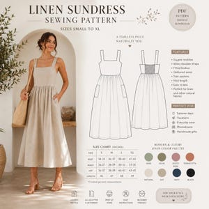 May include: A digital sewing pattern for a beige linen sundress with a square neckline, wide shoulder straps, a fitted bodice, a gathered waist, and side pockets. The document includes technical line drawings, a size chart in inches, and a color palette.
