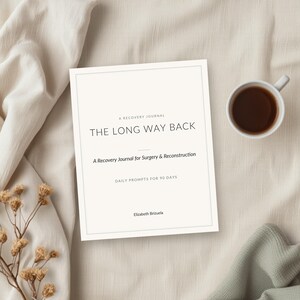 May include: A white recovery journal titled The Long Way Back, A Recovery Journal for Surgery & Reconstruction, Daily Prompts for 90 Days by Elizabeth Brizuela. The book cover features a simple black text layout with a thin rectangular border.