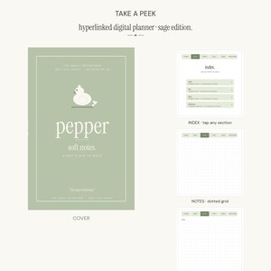 Op de afbeelding: Een saliegroene digitale planner getiteld Pepper Soft Notes met een eend-icoon op de omslag. De lay-out bevat een voorpagina, een indexpagina met klikbare secties en een notitiepagina met een stippenraster. De tekst bevat Take a Peek, Hyperlinked Digital Planner, Sage Edition en The Page Is Listening.