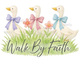 Watercolor Duck Trio Print, Pastel Farmhouse Nursery Art, Walk By Faith Scripture