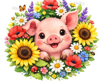 Watercolor Piglet Floral Wreath PNG (Digital Download) – Farmhouse Nursery Art