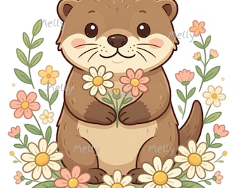 Floral Otter Clipart, Watercolor Animal Illustration, Nursery Wall Art PNG