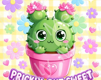Kawaii Cactus PNG | Pastel Checkered Clipart | Sublimation Design (Digital Download)