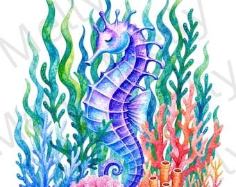 Watercolor Seahorse Wall Art, Coastal Sea Life Print, Beach Bathroom Art, Underwater Coral Reef Illustration, Digital Download
