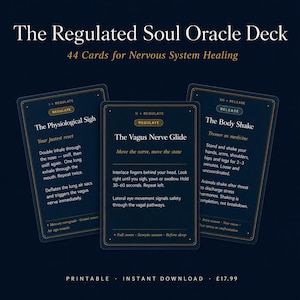 May include: The Regulated Soul Oracle Deck, 44 Cards for Nervous System Healing, features three dark blue cards with gold text. The cards display instructions for The Physiological Sigh, The Vagus Nerve Glide, and The Body Shake. Printable, instant download.