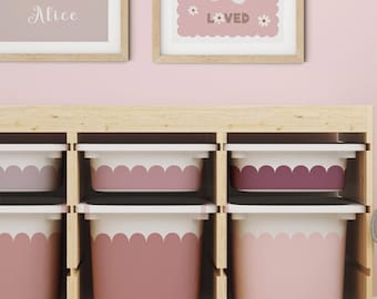 Ikea Trofast geschulpte opbergstickerset: blush roze meisje speelkamer stickers, Cottage Room Trofast Bin Label lila, paarse golvende wraps folie