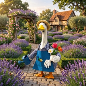 May include: A white goose wearing a straw hat, a blue and white checkered shirt, and a blue apron with gardening tools. The goose holds a blue watering can and a small white pot containing a red tulip, an orange flower, and a white daisy.