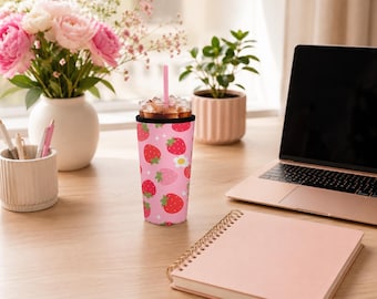 Strawberry Iced Coffee Sleeve | Reusable Cup Cozy | Cute Pink Coffee Cup Sleeve | Insulated Drink Holder | Coffee Lover Gift