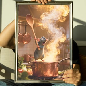 May include: Framed print featuring a cartoon rat chef holding a wooden spoon over a copper pot. The image depicts a kitchen scene with steam and flames, evoking a cooking theme. The frame is silver.