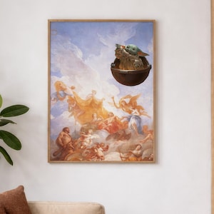 Puede incluir: Una impresión de arte mural enmarcada que presenta una escena de estilo pintura al óleo clásica con una pequeña criatura verde en un cuenco marrón flotante suspendido en un cielo azul sobre un grupo de figuras con túnicas y prendas fluidas.