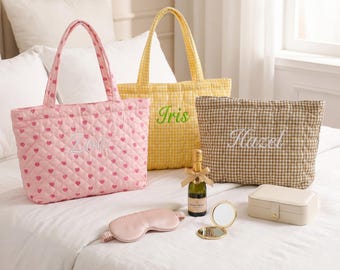 Personalized cotton tote bag, embroidered with name, bridesmaid gift, quilted beach bag, women's travel bag