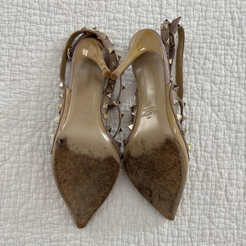 Valentino Studded Ankle Strap Stiletto Pointed Toe Leather Heels Beige 38 image 5