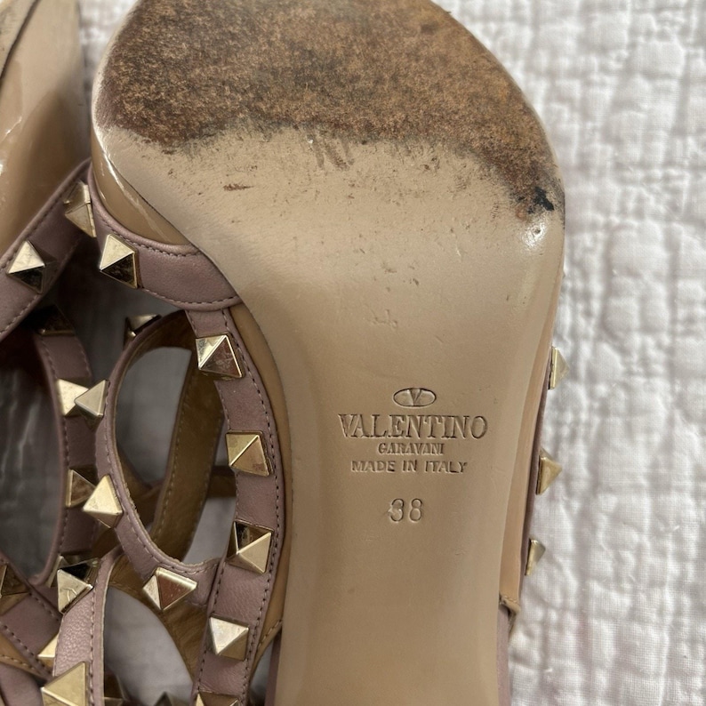 Valentino Studded Ankle Strap Stiletto Pointed Toe Leather Heels Beige 38 image 6