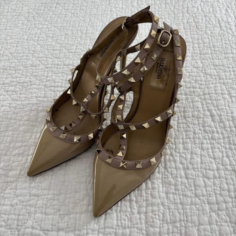 Valentino Studded Ankle Strap Stiletto Pointed Toe Leather Heels Beige 38 image 1