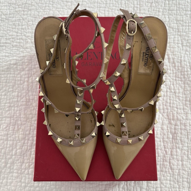 Valentino Studded Ankle Strap Stiletto Pointed Toe Leather Heels Beige 38 image 7