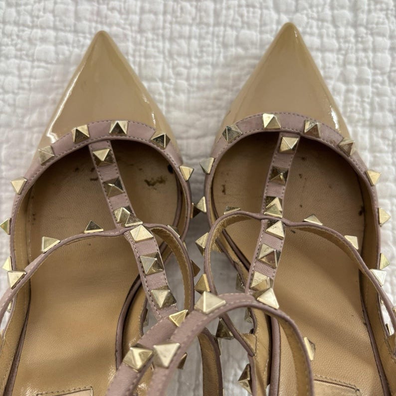 Valentino Studded Ankle Strap Stiletto Pointed Toe Leather Heels Beige 38 image 3