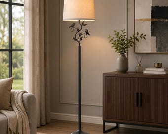 Rustic Bird Floor Lamp, Vintage Bronze Metal Standing Lamp, Linen Shade