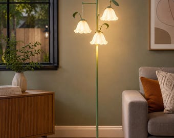 Vintage Lily of the Valley Floor Lamp, Green Glass Flower, 3-Light Standing Lamp