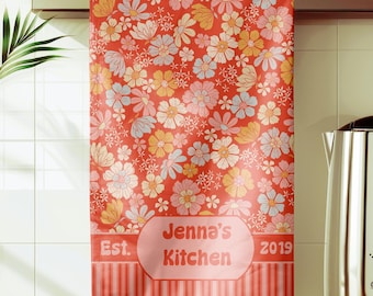 Personalisierbares Retro Küchentuch - Orange und Pink Floral Stripe