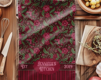 Pano de prato vintage personalizado - Pano de prato listrado floral jacobino rosa e bordô