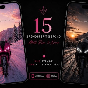 Può includere: Due smartphone mostrano immagini di moto su uno sfondo di montagne innevate. Uno mostra una moto rosa, l'altro una nera. Il testo recita "15 Sfondi per telefono, Moto Rosa & Nera, Due strade, Una passione."