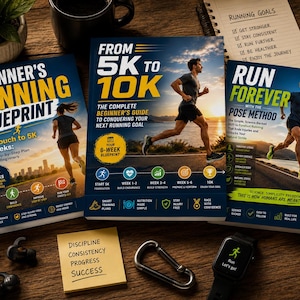 以下が含まれることがあります： Beginner's Running Blueprint、From 5K to 10K、Run Forever with the Pose Methodというタイトルの3冊のランニングガイドブック。各表紙には、走る人物、太字の黄色と白のテキスト、グラフィックアイコンが描かれており、木製の表面に置かれています。