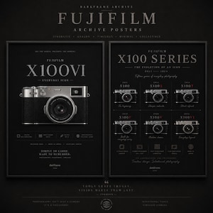 May include: Two black posters featuring the Fujifilm X100 series. The left poster displays the X100VI camera with technical specifications. The right poster shows a timeline of the X100 series from 2011 to 2024, including models X100, X100S, X100T, X100F, X100V, and X100VI.