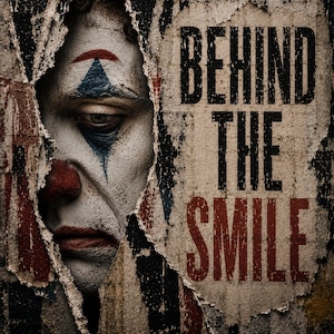May include: A poster featuring a face with white clown makeup, a red nose, and blue diamond eye markings, partially obscured by torn paper. The text BEHIND THE SMILE is printed in bold black and red letters on the textured, weathered background.