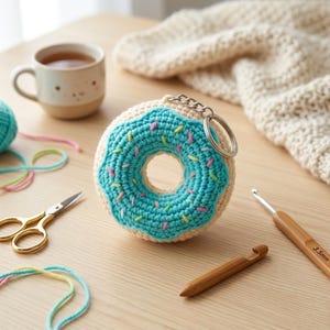 May include: A crocheted donut keyring with blue icing and colourful sprinkles. The keyring is attached to a silver metal ring. Craft supplies, including yarn, scissors, and crochet hooks, are also visible.