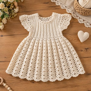 May include: A cream-colored crochet dress featuring a round neckline, short flutter sleeves, and a flared skirt with a repeating diamond-shaped pattern. The bodice has vertical ribbed detailing, and the hem is finished with a scalloped edge.