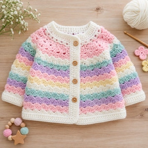May include: A long-sleeved crochet cardigan featuring a scalloped pattern in pastel stripes of pink, purple, yellow, and teal. The garment has a white ribbed neckline and front placket, secured with four round, light brown wooden buttons.