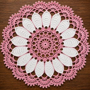 Puede incluir: Un tapete redondo tejido a ganchillo a mano que presenta un patrón circular central rodeado de formas de pétalos alternas en blanco y rosa. El borde exterior está acabado con un delicado borde festoneado rosa, creando un diseño floral.