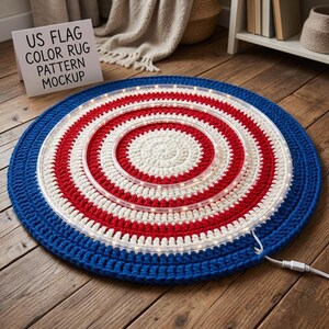 May include: A round, crocheted rug featuring concentric circles in red, white, and blue. The rug is accented with a circular, clear LED light strip integrated into the design, with a white power cord extending from the edge of the rug.
