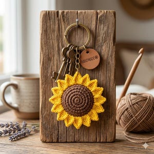 May include: A handmade sunflower keychain with a brown center and yellow petals hangs on a wooden block. The keychain includes several antique keys and a leather tag that reads "HANDMADE". A mug and yarn are in the background.