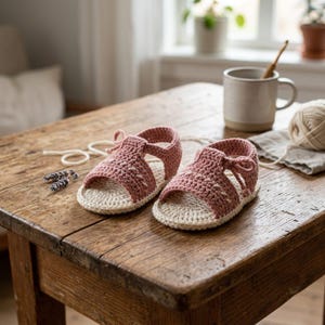 May include: A pair of handmade crochet baby sandals. The sandals feature a dusty rose upper and a cream-colored sole. The sandals are tied with a matching dusty rose yarn. The sandals are displayed on a wooden table.