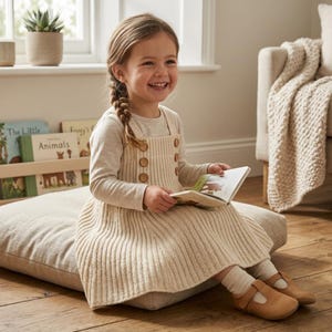 May include: A cream-colored ribbed knit jumper dress featuring a square neckline, four small brown buttons on the front bodice, and long sleeves. The garment is worn with light-colored socks and tan leather shoes, creating a neutral-toned outfit.