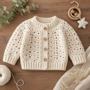 May include: Cream-colored, crocheted baby cardigan with a round neckline and wooden buttons. The openwork design and ribbed cuffs add texture. A wooden star-shaped toy and a ball of yarn are also visible.