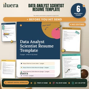 Può includere: Un set di modelli di curriculum per Data Analyst Scientist con 6 pagine stampabili. Il design include una copertina blu scuro con testo, un elenco dei documenti inclusi e pagine di istruzioni con varie icone e testo.