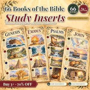 May include: A set of 66 Books of the Bible study inserts featuring illustrated printable PDF pages. The design includes four vertical panels labeled Genesis, Exodus, Psalms, and John, each decorated with colorful biblical scenes, floral borders, and lined sections for notes on a parchment-style background.