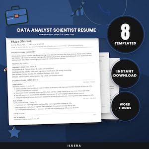 May include: A digital resume template set titled Data Analyst Scientist Resume, featuring eight templates, an instant download option, and Word plus Docs compatibility. The document displays professional summary, technical skills, and experience sections.