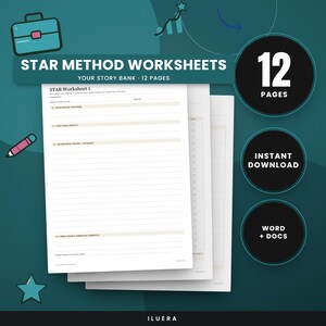 May include: A set of 12 STAR Method worksheets for story banking, featuring white paper templates with lined sections for Situation, Task, Action, and Result. The digital document set includes Word and Docs formats for instant download.