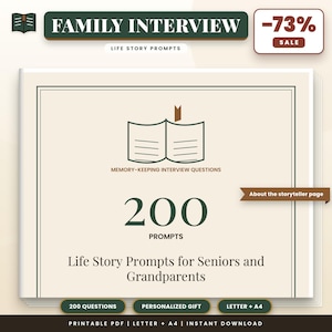 Könnte beinhalten: Ein digitales Dokument mit dem Titel Family Interview Life Story Prompts und einem zentralen Symbol eines offenen Buches mit Lesezeichen. Der Text lautet 200 Prompts, Memory-Keeping Interview Questions und Life Story Prompts for Seniors and Grandparents.