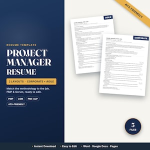 CV-mall för projektledare, PMP CV i Word Google Docs | Agile Scrum och företagslayouter | ATS-vänligt, personligt brev, referenser