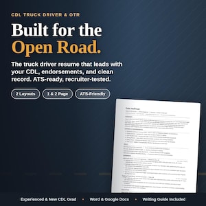 Op de afbeelding: Een cv-sjabloon voor CDL-vrachtwagenchauffeurs, met de tekst "Built for the Open Road". Het cv is ATS-compatibel en door recruiters getest. Bevat opties voor 2 lay-outs, 1 & 2 pagina's en is compatibel met Word & Google Docs. Een schrijfgids is inbegrepen.