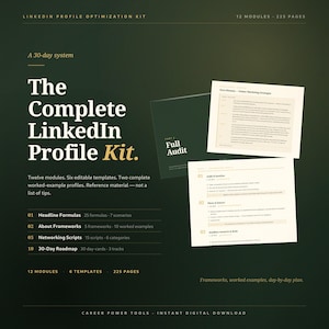 Puede incluir: Un kit digital de optimización de perfiles de LinkedIn titulado "The Complete LinkedIn Profile Kit". El kit incluye 12 módulos, 6 plantillas y 225 páginas. También incluye una "Auditoría completa" y páginas de muestra.