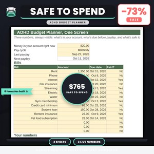 Può includere: Un modello di foglio di calcolo digitale per la pianificazione del budget ADHD con una tabella per fatture, importi e scadenze. L'interfaccia mostra testo tra cui Safe to Spend, 8 formulas built in e 3 sheets. Il layout include colonne per nomi delle fatture, importi, date di scadenza e stato del pagamento.