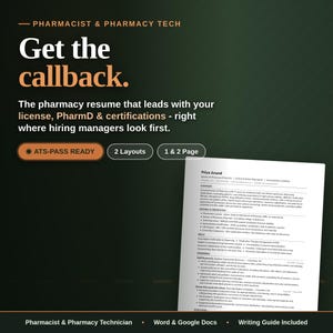 May include: A resume template for pharmacists and pharmacy technicians. The text reads "Get the callback." and highlights key features like ATS-pass ready, 2 layouts, and 1 & 2 page options. Includes a sample resume.