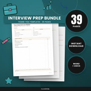 May include: An interview prep bundle featuring 39 pages of thank-you templates and documents. The document titled Your Interview at a Glance includes sections for the role, format, and basics, with checkboxes and lines for notes on a white background.